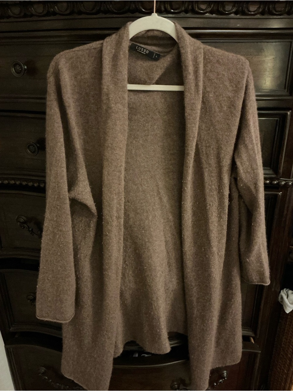 100% cashmere very very well loved. 
Cozy Open-Front Brown Women's Cardigan